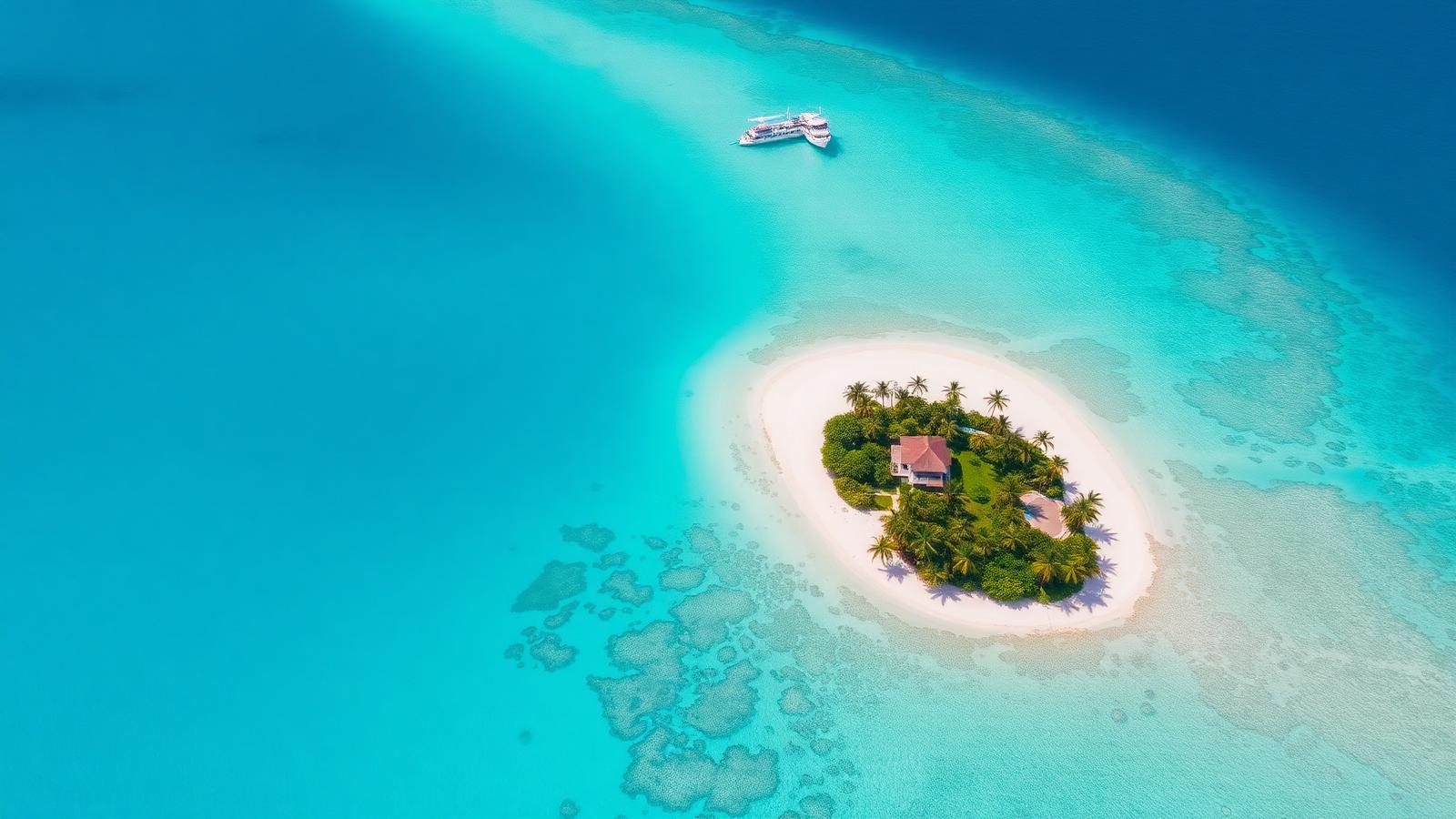 Aerial view of a Lakshadweep atoll with turquoise lagoon and white sand beach